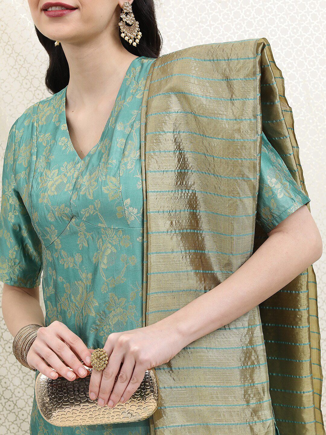 Vishudh Women Poly Brocade Kurta with Trousers & Dupatta