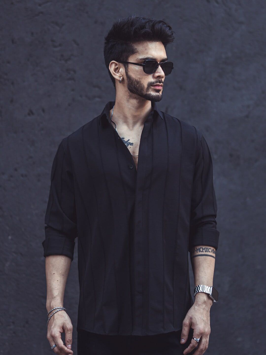 Powerlook Black Vertical Striped Dobby Casual Shirt