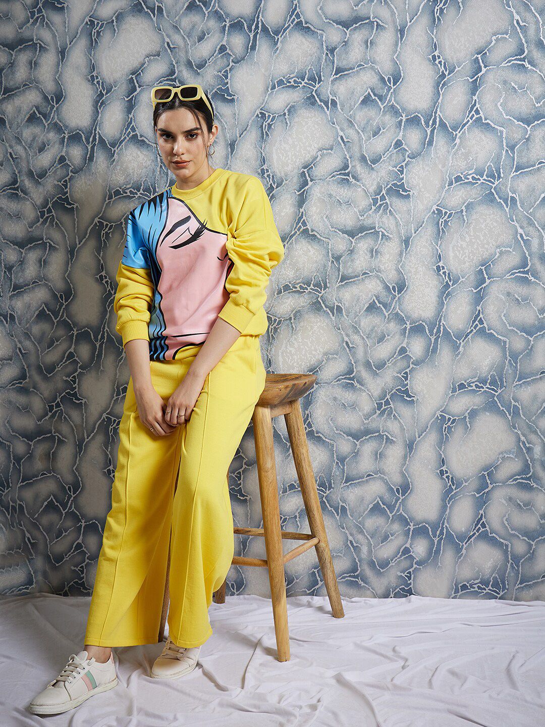 Athena Yellow Graphic Printed Drop Shoulder Sleeves Fleece Pullover