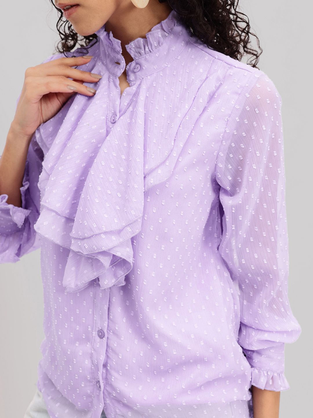 DressBerry Dobby Texture Flounced Cuffed Sleeve Shirt Style Top
