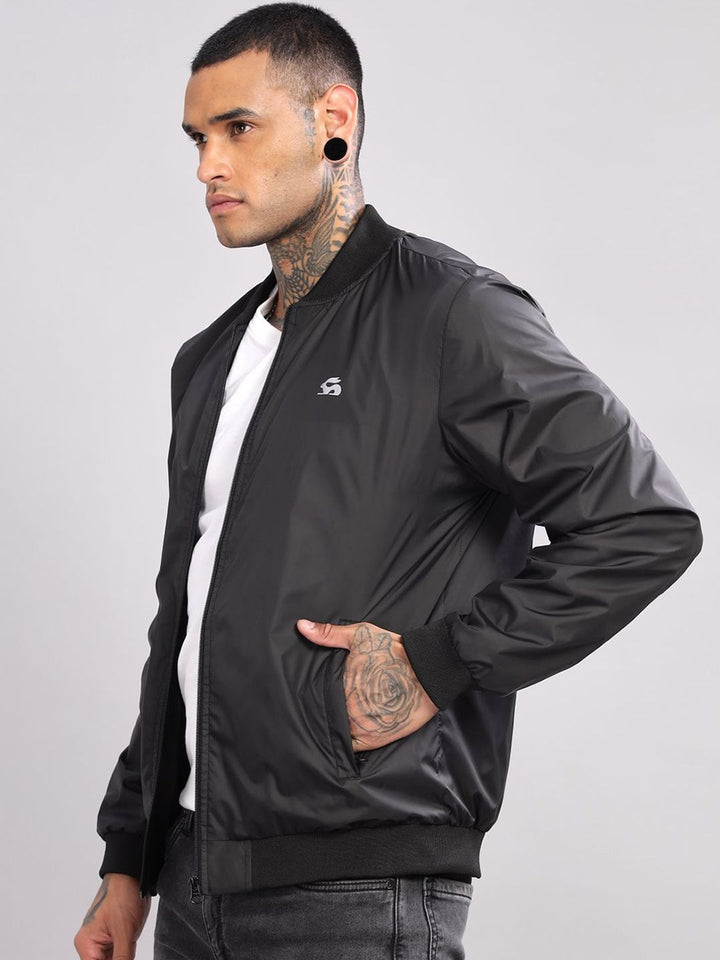 ADRO Men Stand Collar Solid Casual Bomber Jacket