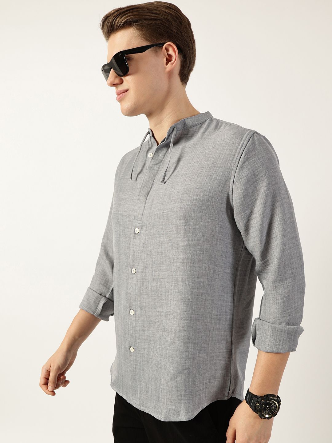 Thomas Scott Men Classic Mandarin Collar Solid Slim Fit Casual Shirt
