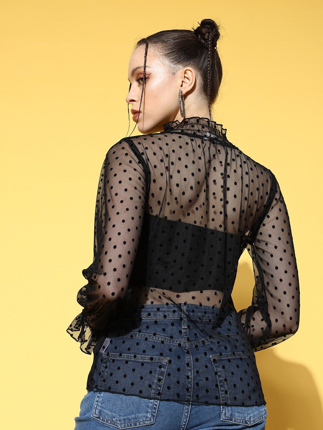 Berrylush Black High Neck Bishop Sleeves Sheer Crepe Top
