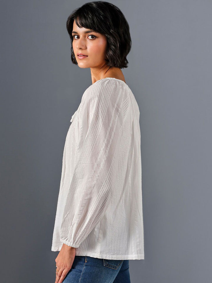 AND Tie-Up Neck Puff Sleeve Pure Cotton  A-Line Top