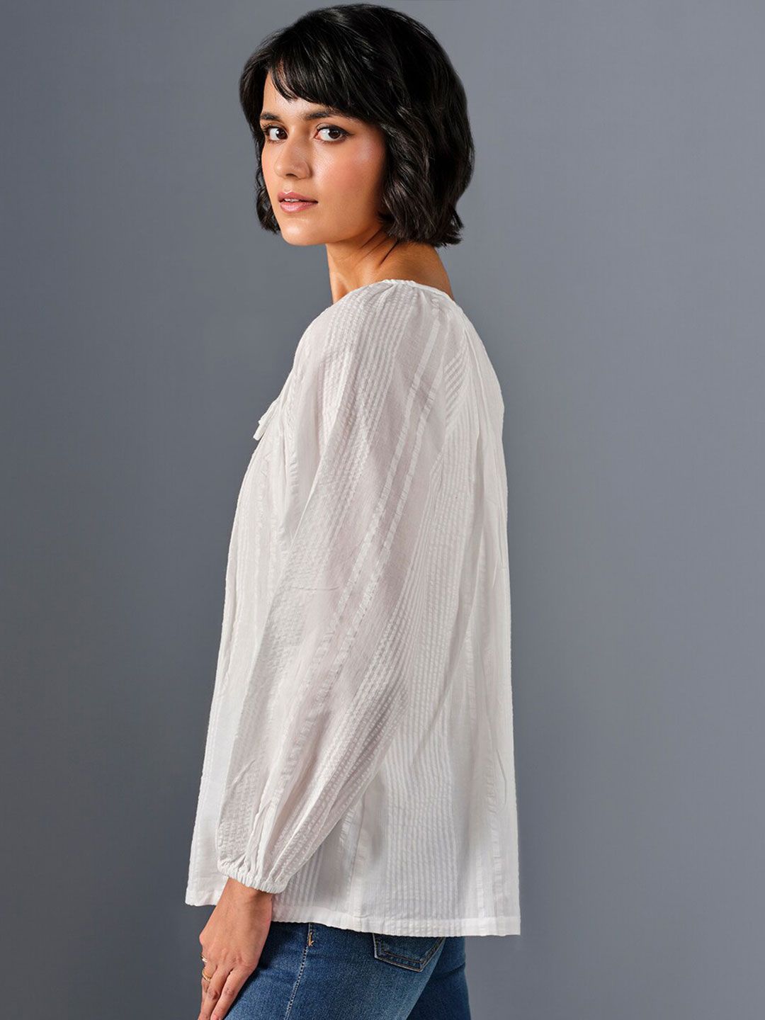 AND Tie-Up Neck Puff Sleeve Pure Cotton  A-Line Top