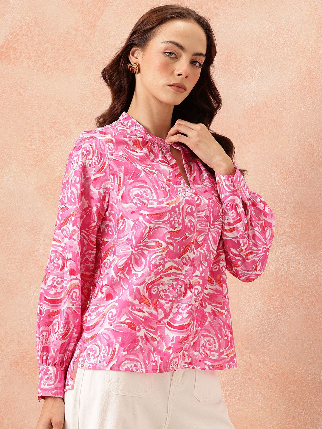 all about you Abstract Print Mandarin Collar Bishop Sleeves Top