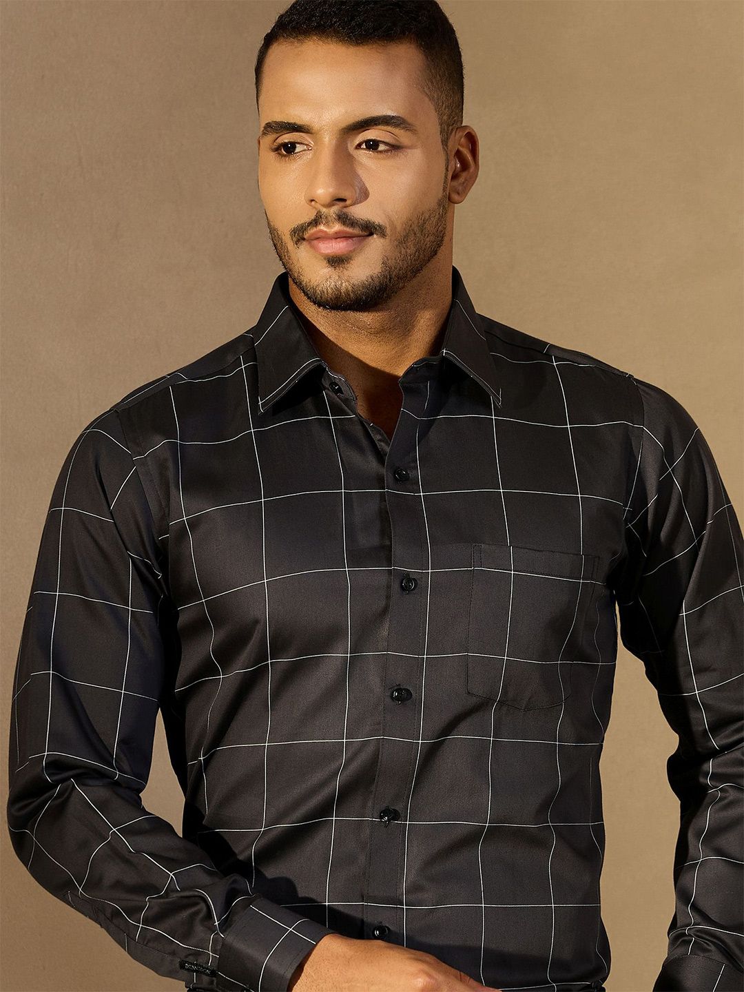 DENNISON Men Windowpane Checked Spread Collar Smart Formal Shirt