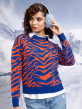 Tokyo Talkies Blue & Orange Animal Printed Acrylic Pullover Sweaters
