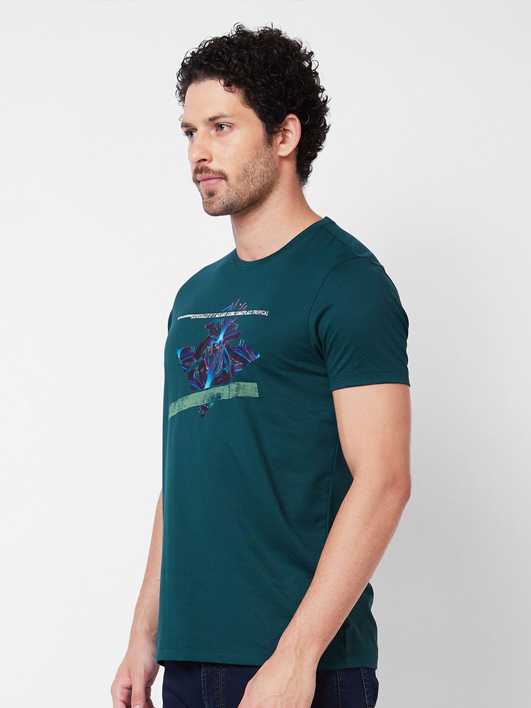 SPYKAR Typography Printed Round Neck Applique Cotton Slim Fit T-shirt