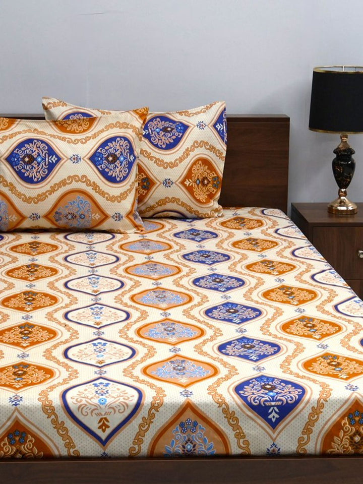BOMBAY DYEING Vista Yellow & White Ethnic Motifs 144 TC Queen Bedsheet & 2 Pillow Covers