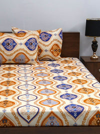 BOMBAY DYEING Vista Yellow & White Ethnic Motifs 144 TC Queen Bedsheet & 2 Pillow Covers
