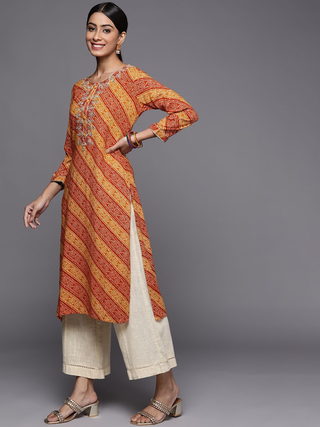 Varanga Women Mustard Yellow & Rust Bandhani Embroidered Gotta Patti Indie Prints Kurta