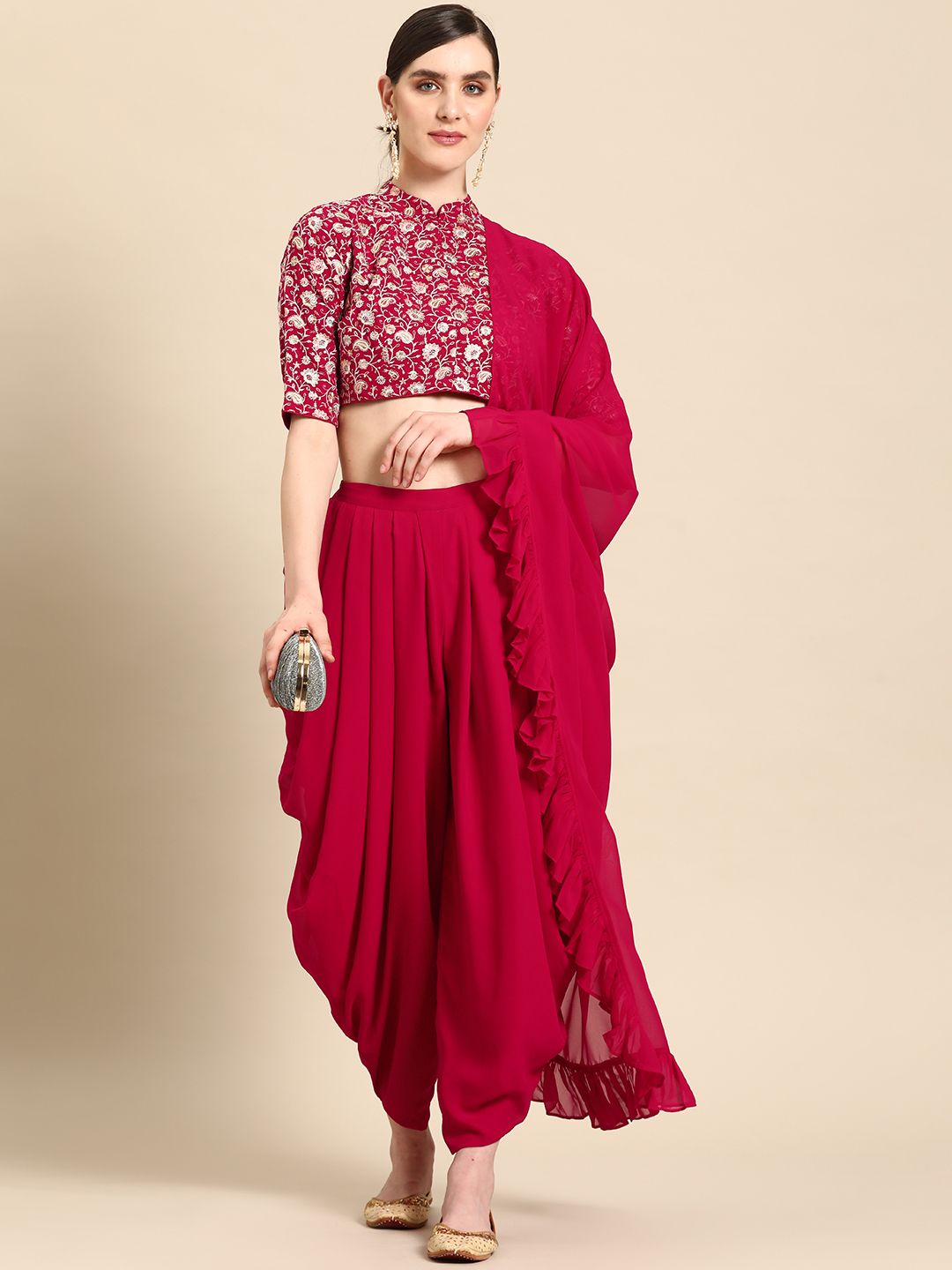 Libas Pure Georgette Ruffled Detail Dhoti Saree with Stitched Blouse