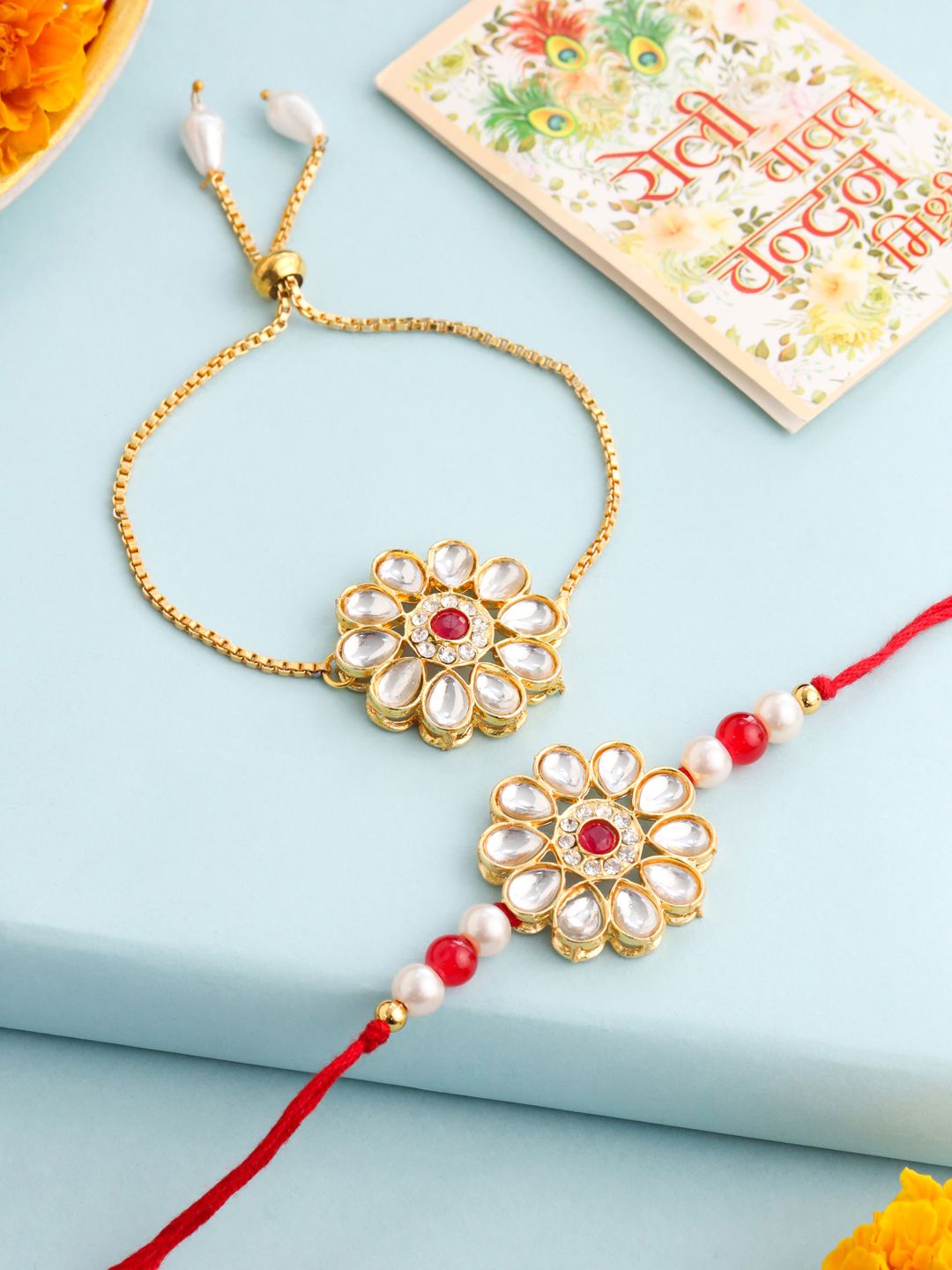 NVR Set of 2 Gold Toned Kundan Studded Bhaiya Bhabhi Rakhi Set with Roli Chawal