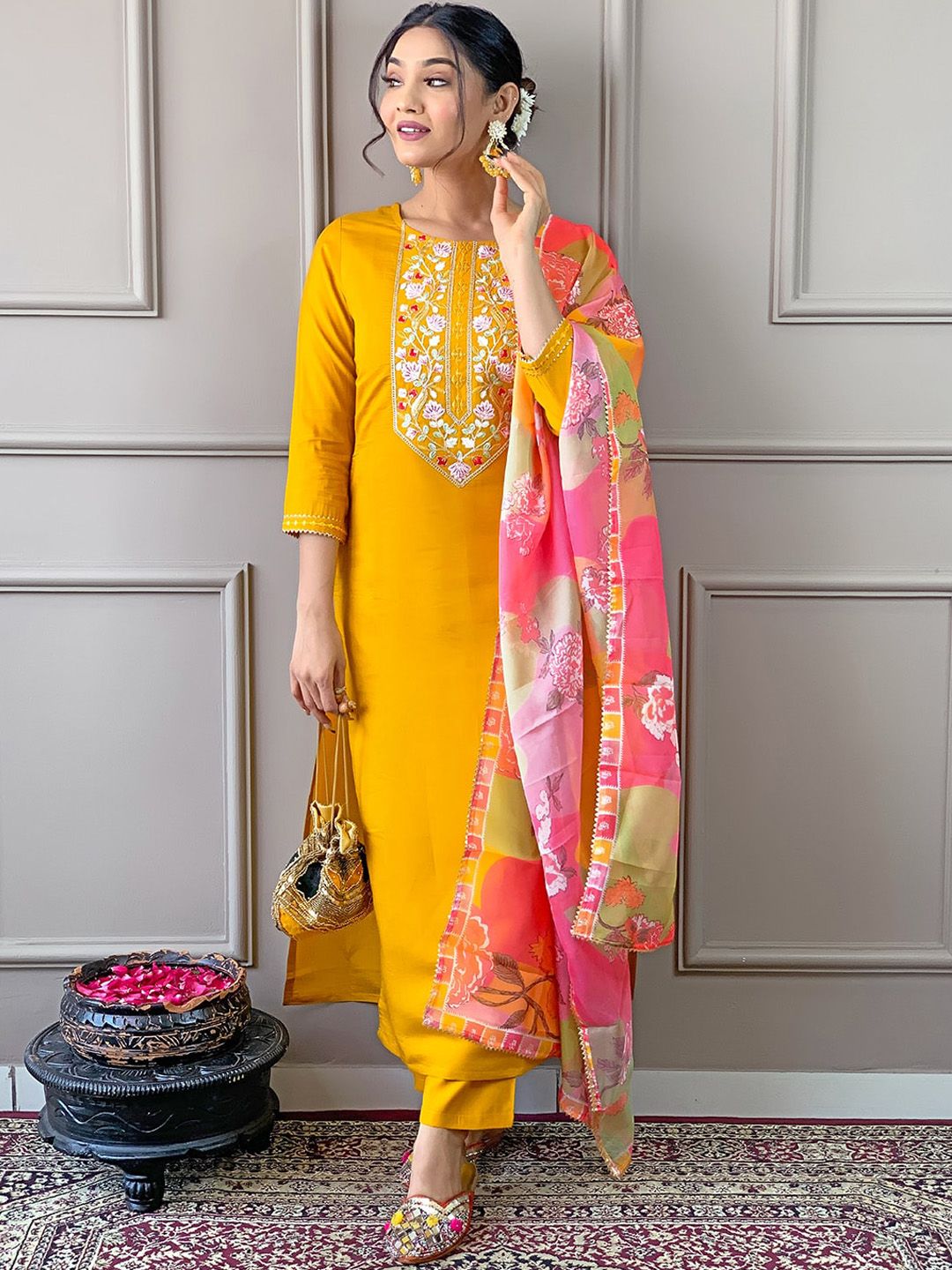 KALINI Floral Embroidered Straight Kurta With Trousers & Dupatta