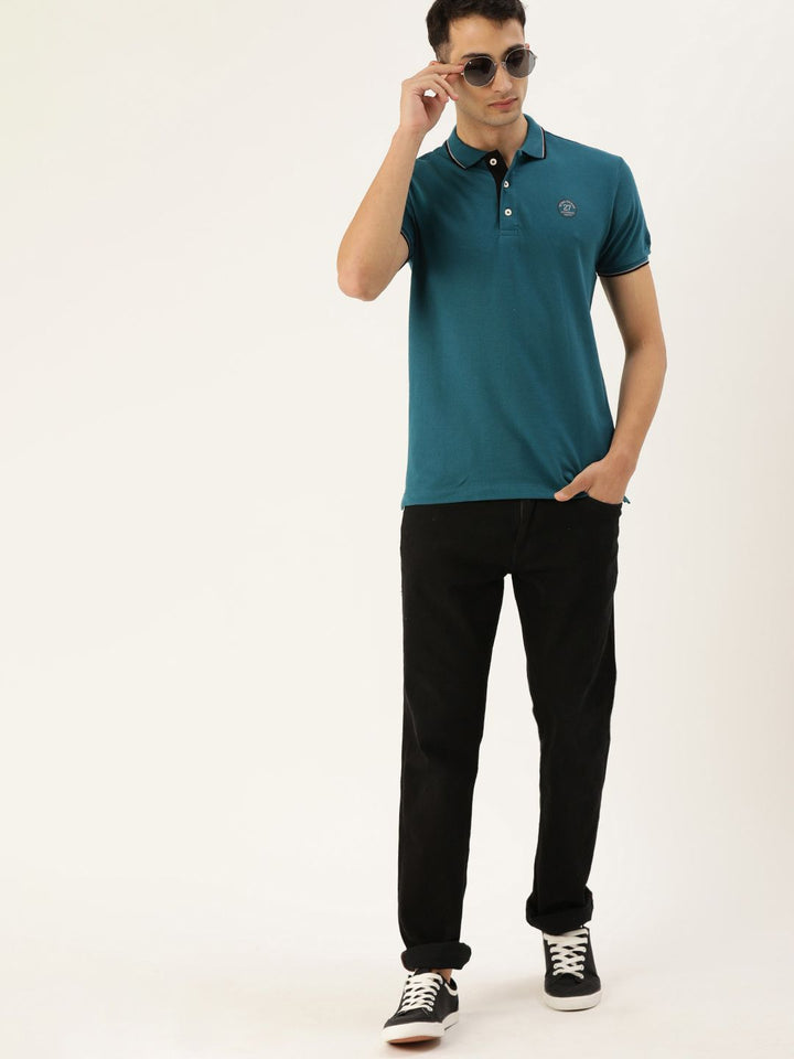 Being Human Clothing Men Teal Blue Solid Polo Collar Pure Cotton T-shirt with Tipping Detail