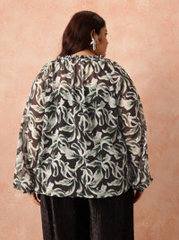 all about you Plus Size Floral Print Tie-Up Neck Raglan Sleeves Semi-Sheer Georgette Top