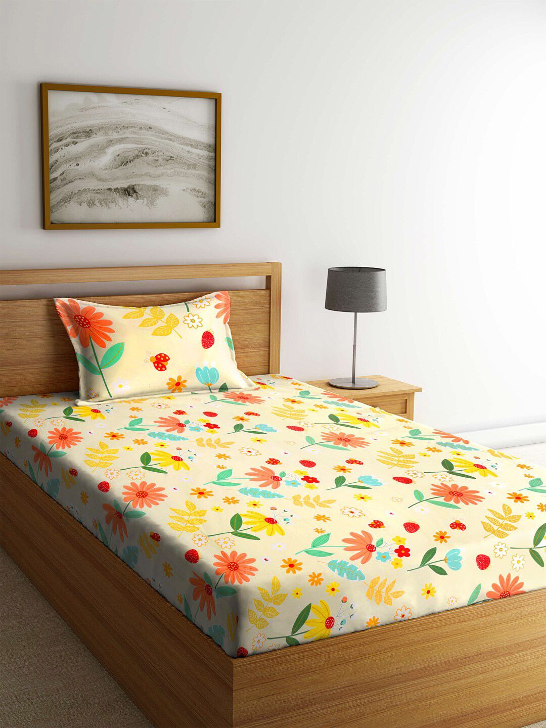 KLOTTHE Yellow Geometric Polycotton 210 TC Single Denda 2 Cadar dengan 2 Sarung Bantal-89 x 59 inci
