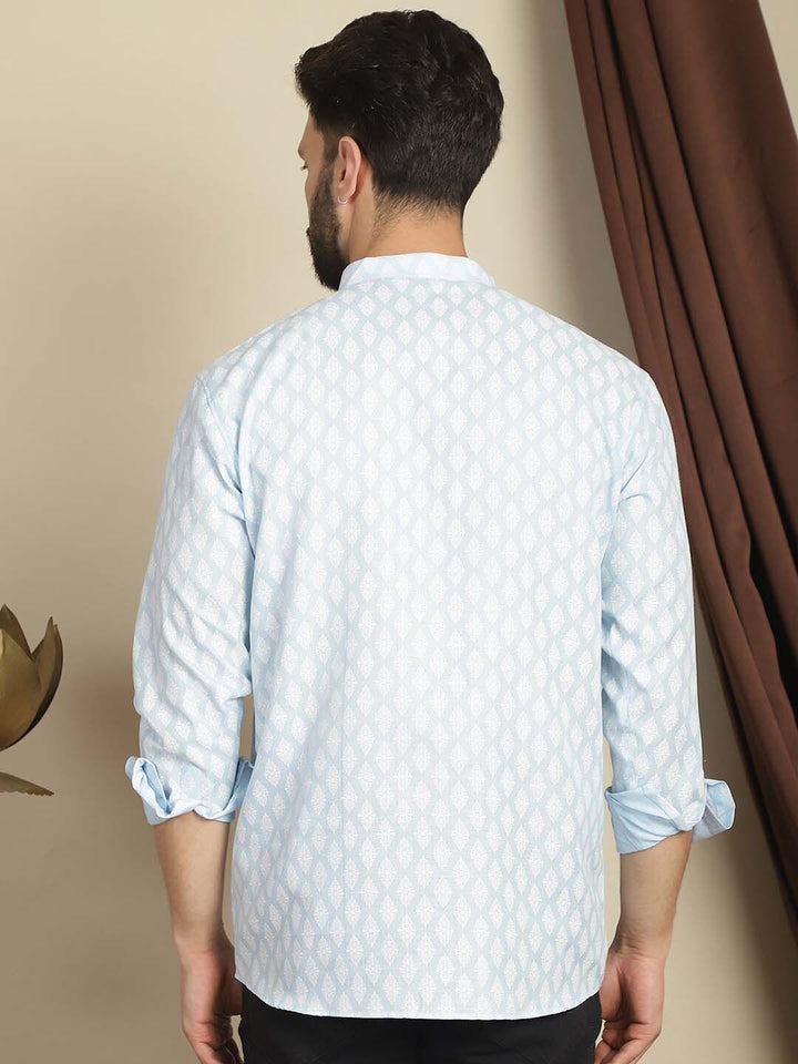 Anouk Geometric Mandarin Collar Lengan Panjang Benang Kerja Kurta Pendek