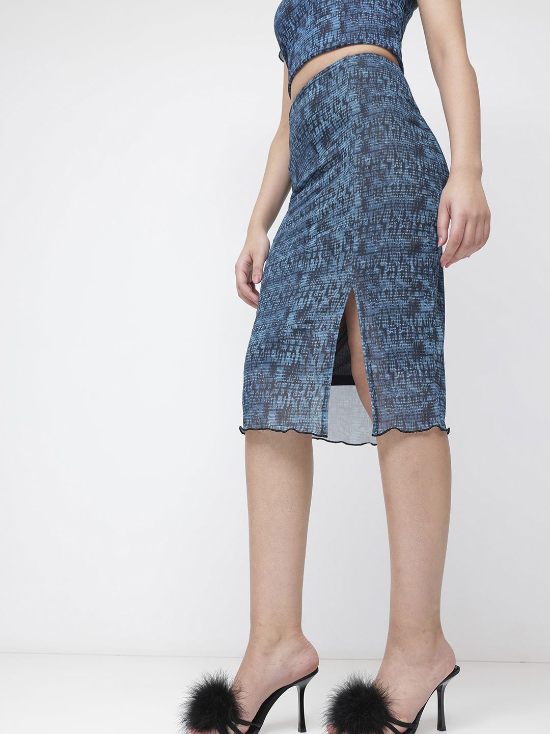 DressBerry Trippy Print Mesh Moment Slit Pencil Midi Skirt