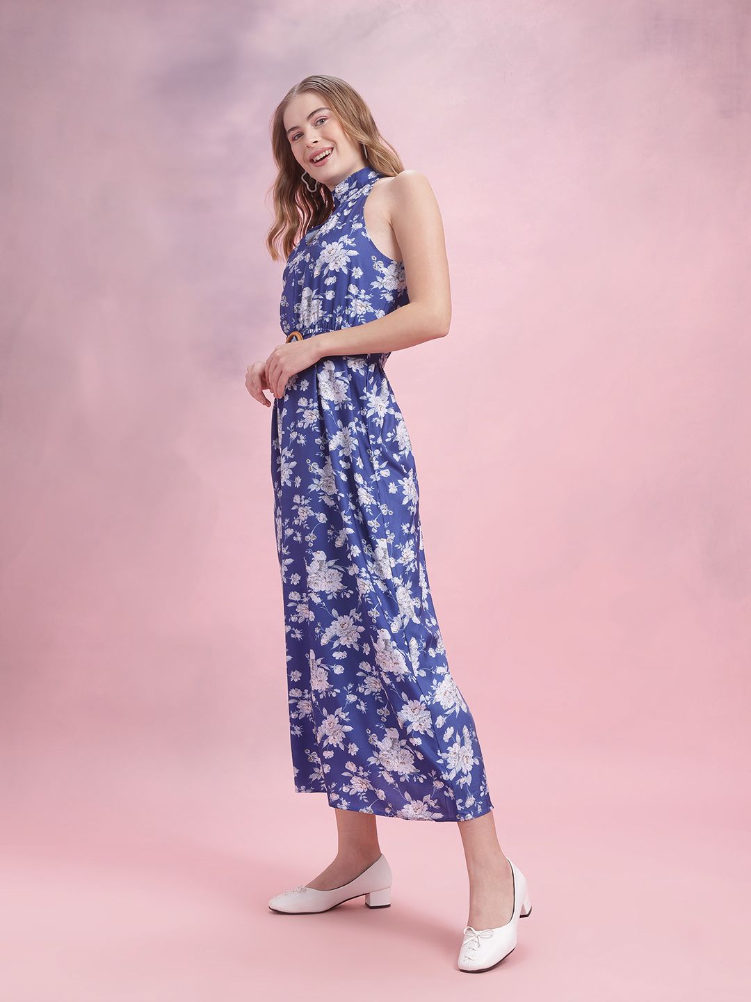 DressBerry Floral Print Belted A-Line Midi Dress