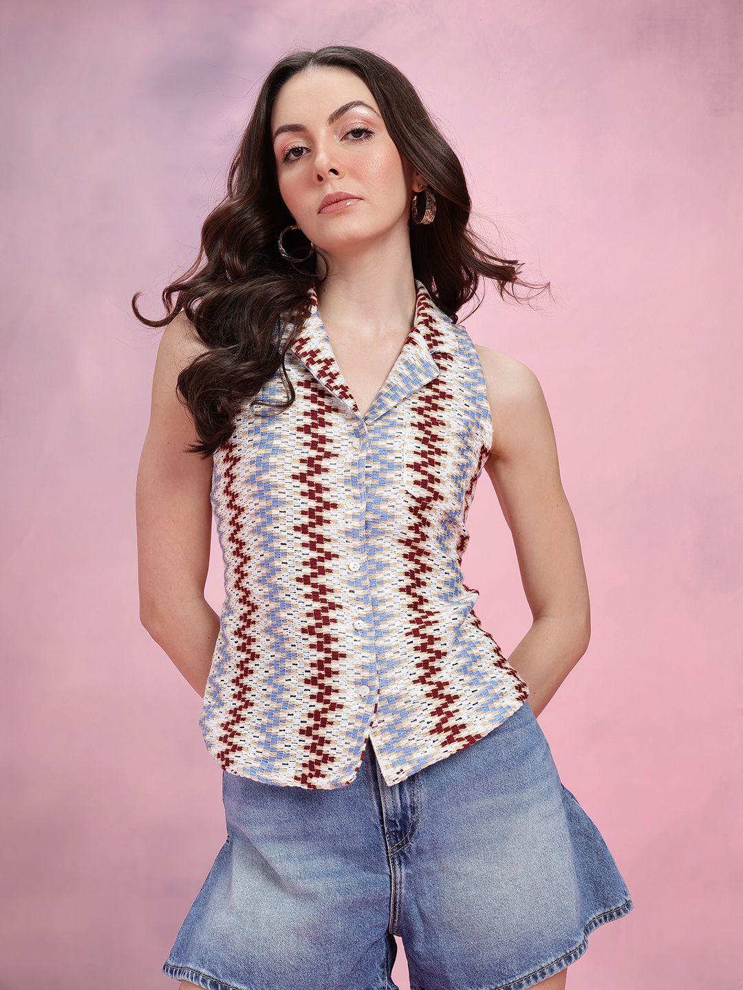 DressBerry Chevron Self-Design Cuban Collar Crochet Semi-Sheer Casual Shirt