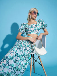 SASSAFRAS White Floral Crop Top With Flared Skirt