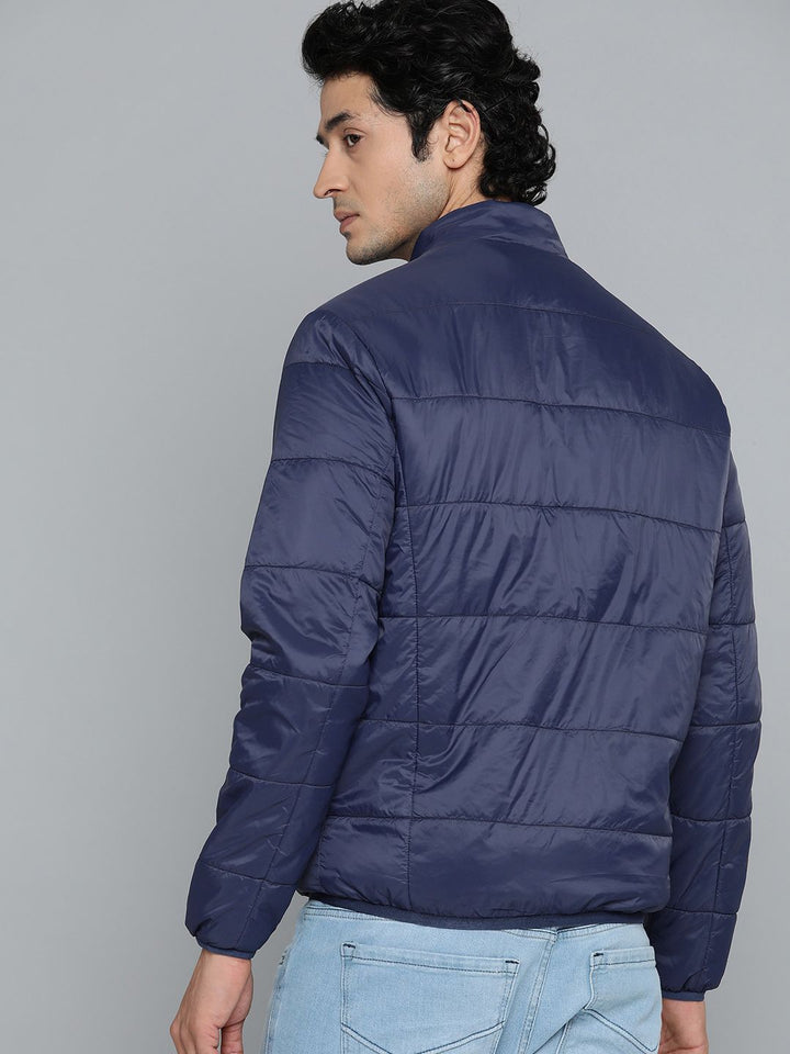 ether Men Navy Blue Solid Padded Jacket