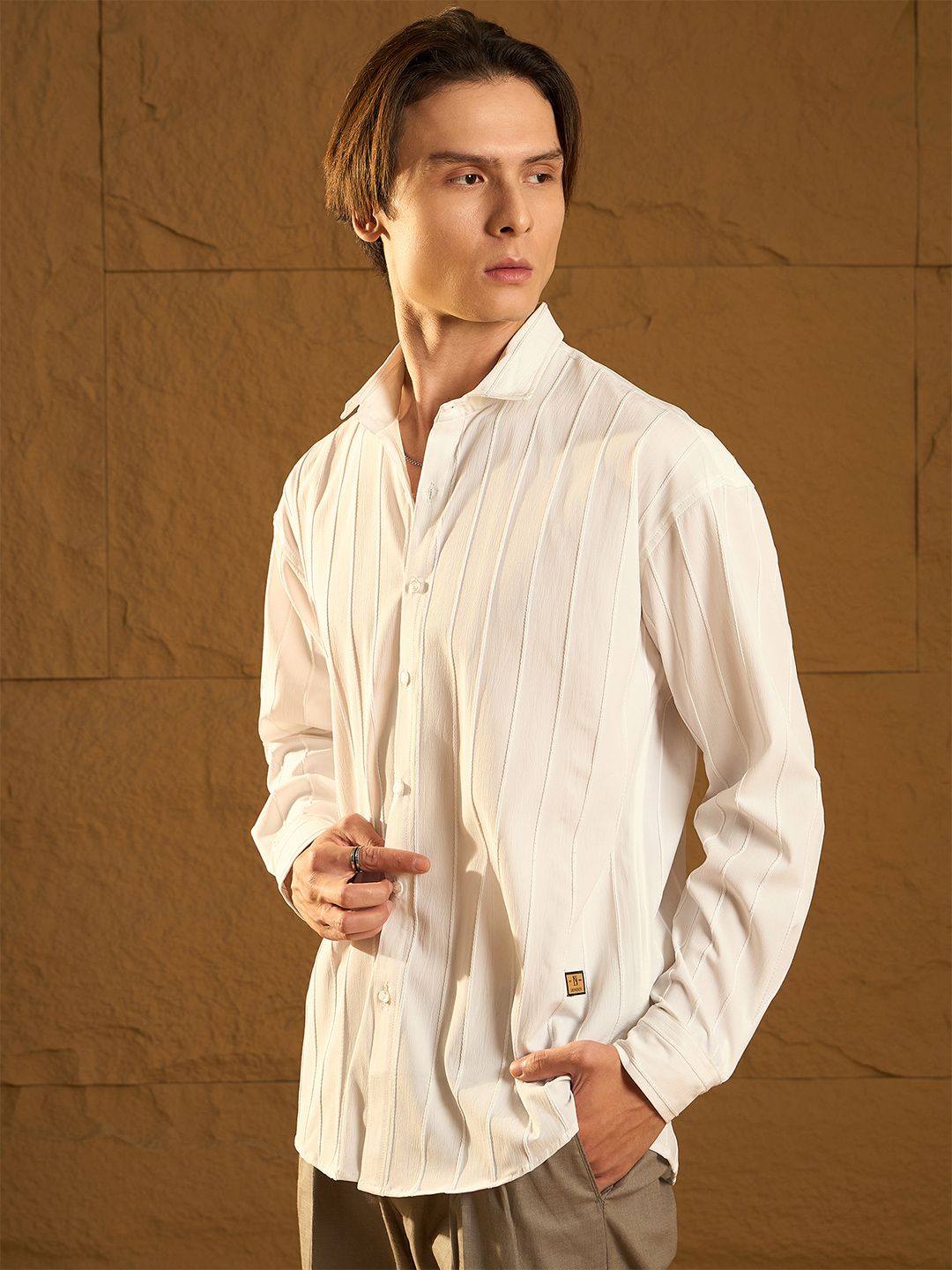 DENNISON Men Drop Shoulder Oversized Vertical Striped Casual Shirt