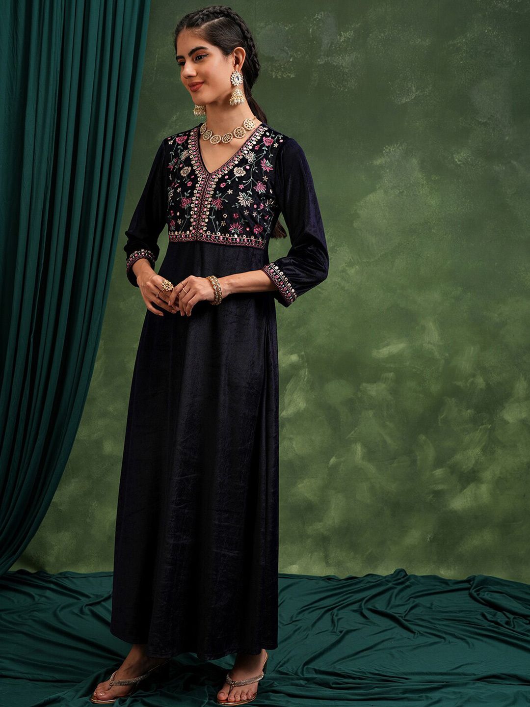 Vishudh Floral Embroidered V-Neck Maxi Ethnic Dress With Dupatta