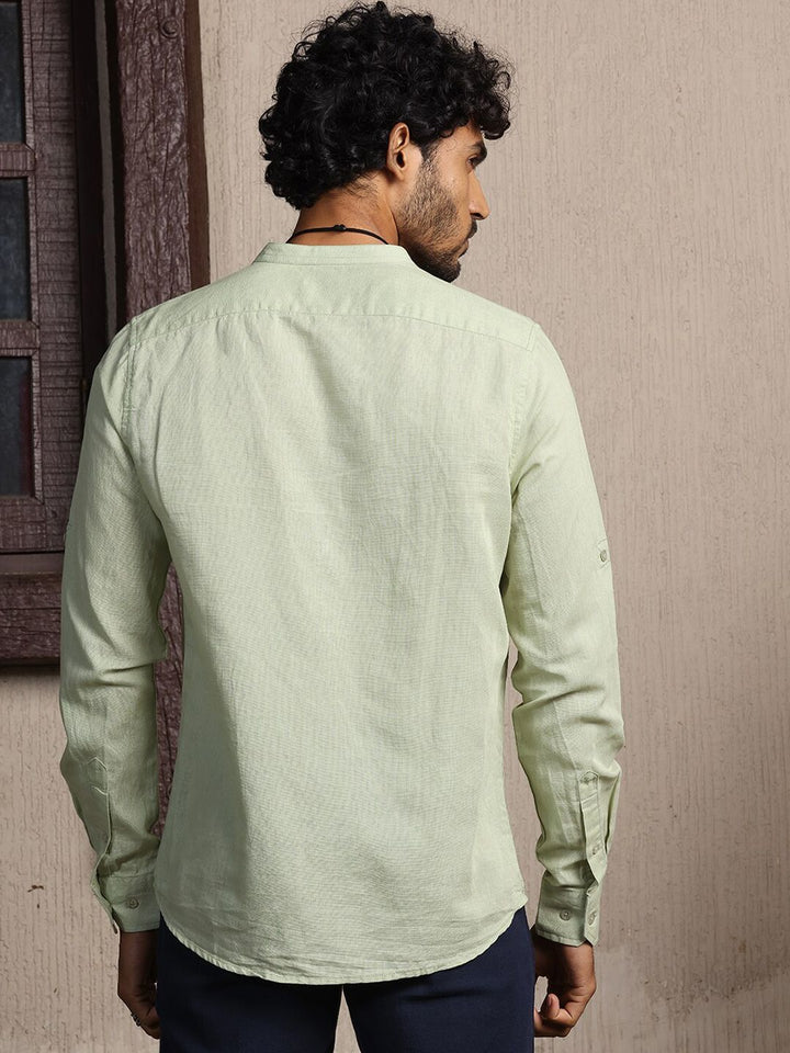 Thomas Scott Premium Cotton Linen Mandarin Collar Slim Fit Opaque Casual Shirt