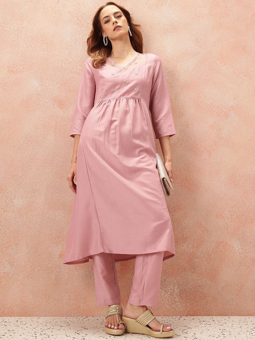 all about you Floral Yoke Design Empire Kurta with Trousers