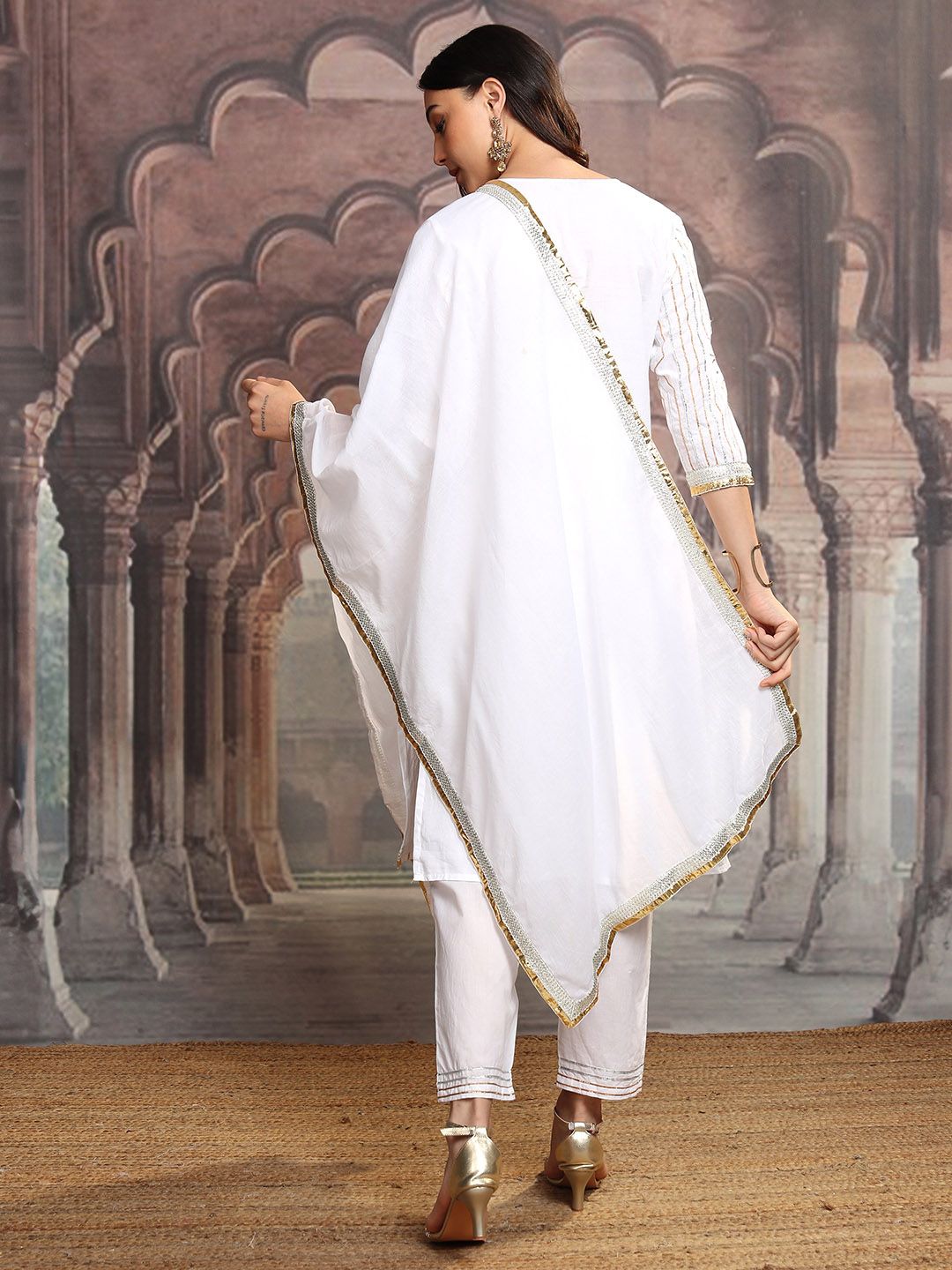 Vishudh White & Gold Embroidered Gotta Patti Pure Cotton Kurta with Trousers & Dupatta
