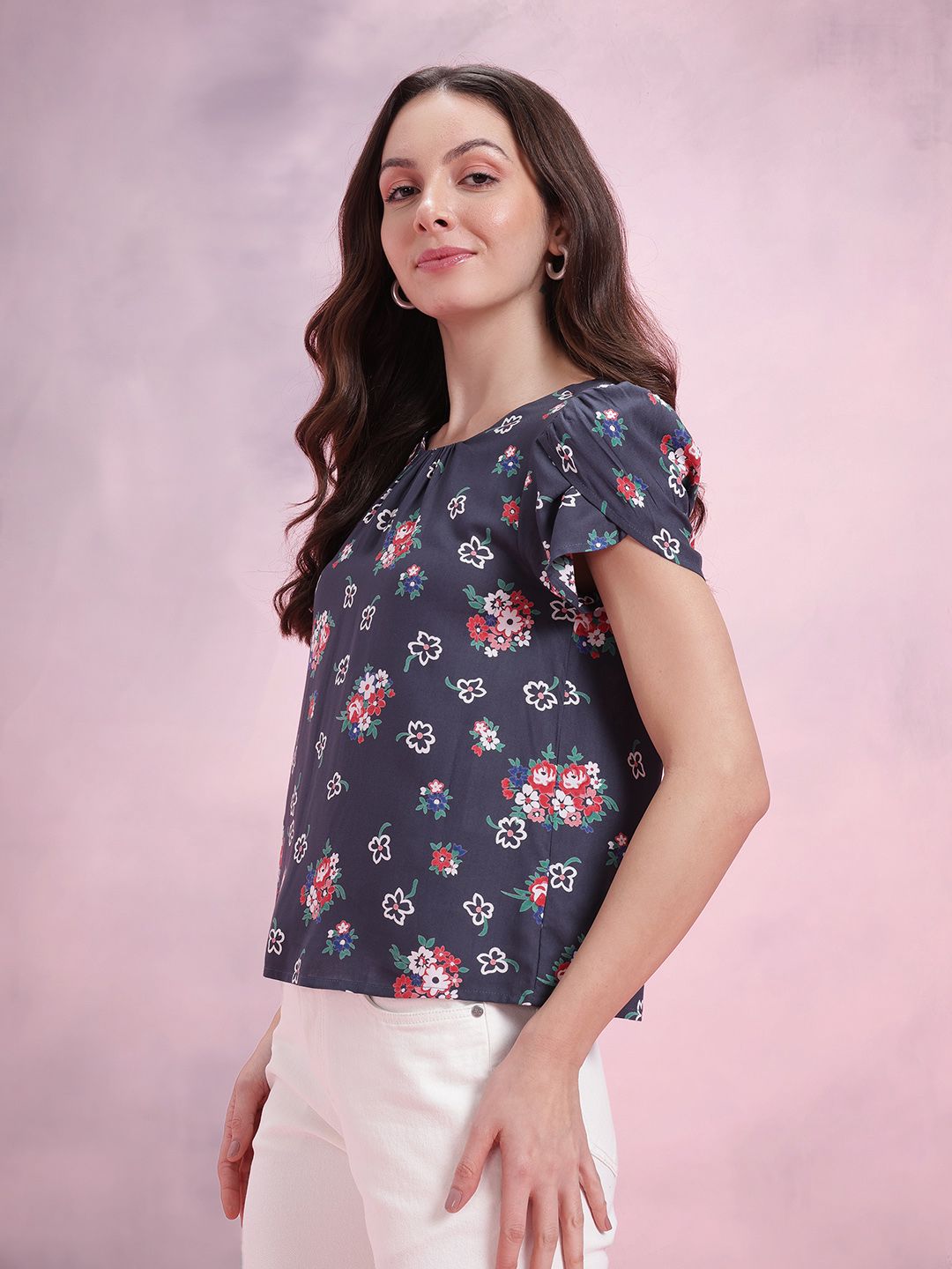 DressBerry Floral Printed Petal Sleeve Top