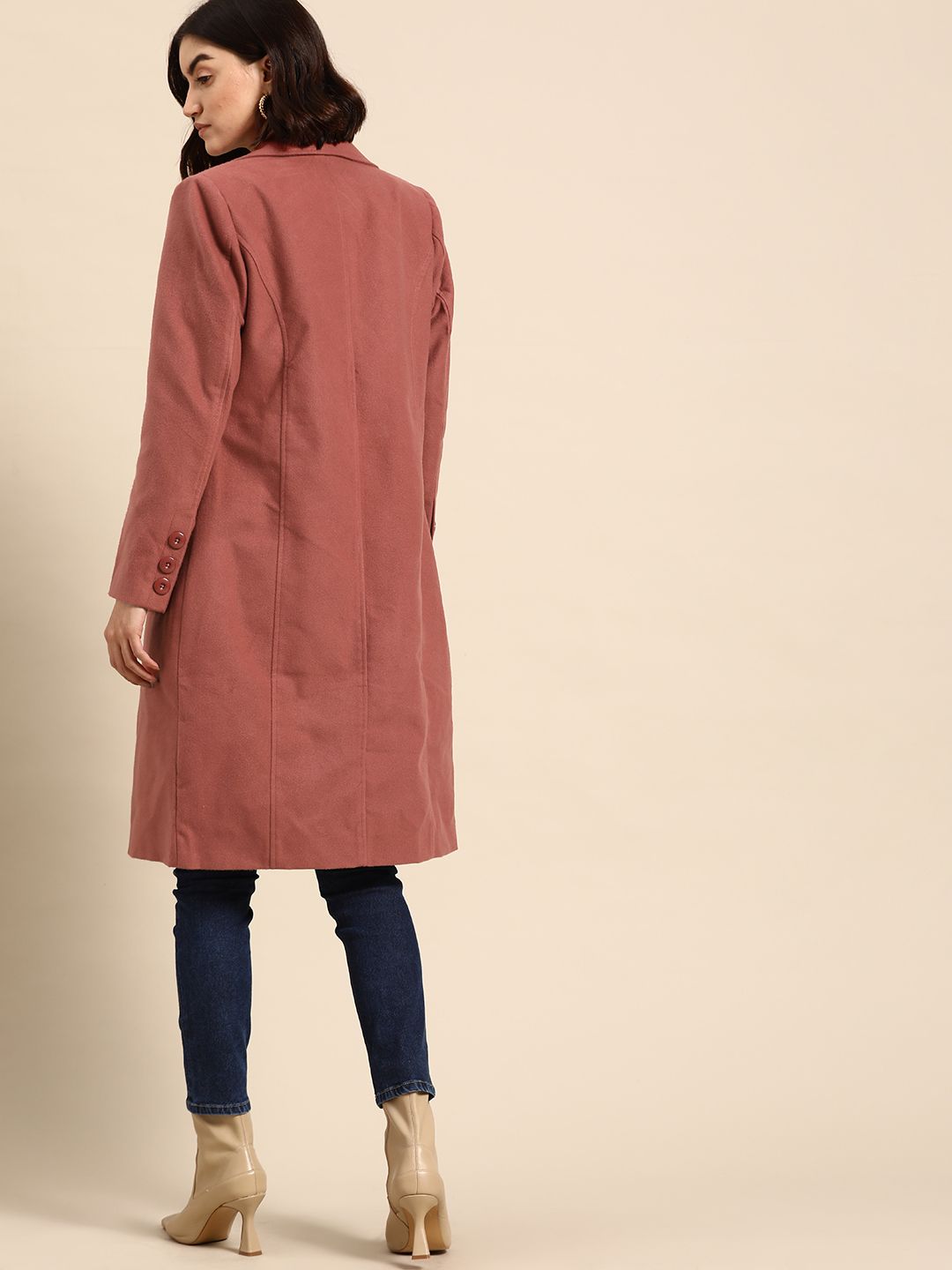 all about you Women Dusty Pink Solid Single Breasted Overcoat with Oversized Pockets
