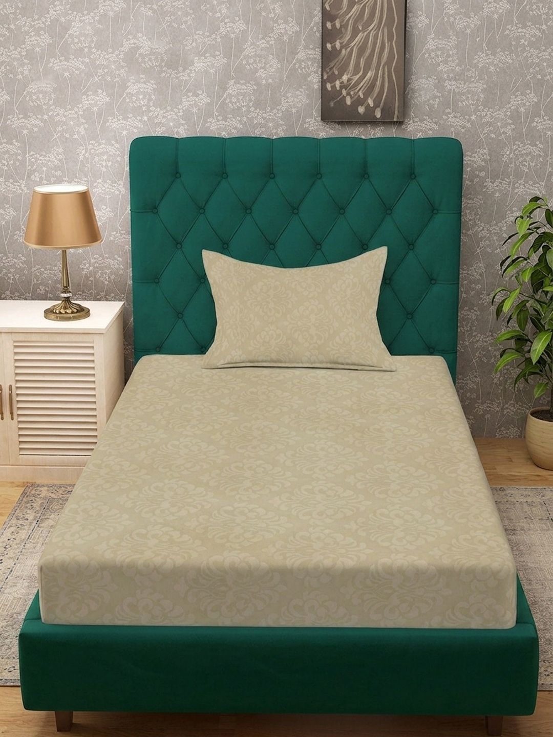 Myntra Elegant Homes Beige Floral 300 TC Single Bedsheet With 1 Pillow Covers