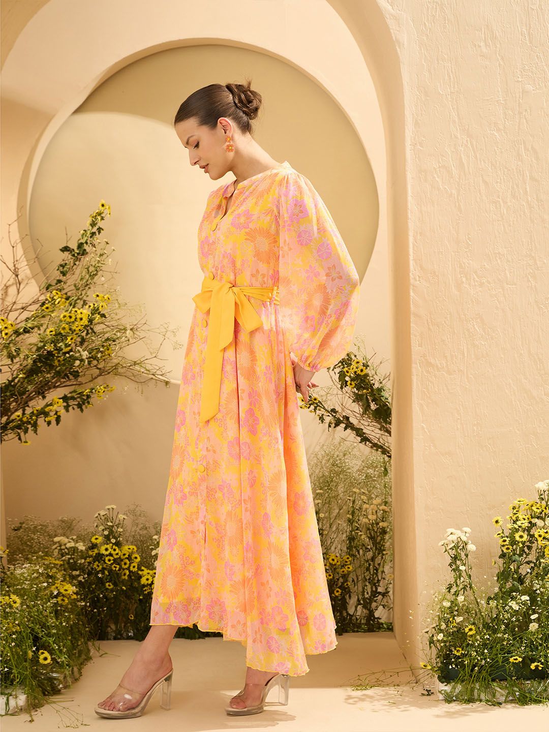 Antheaa Layered Women Floral Printed Mandarin Collar Midi Fit & Flare Dress