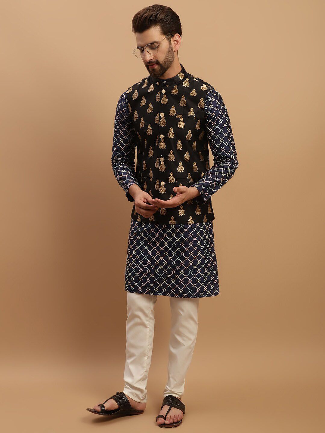 SOJANYA Ethnic Motifs Embroidered Kurta with Churidar & Nehru Jacket