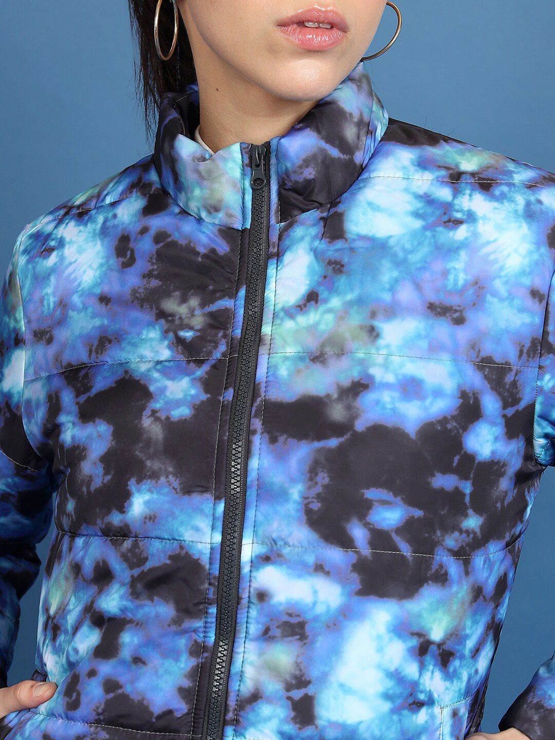 Tokyo Talkies Blue Abstract Printed Mock Collar Padded Jacket