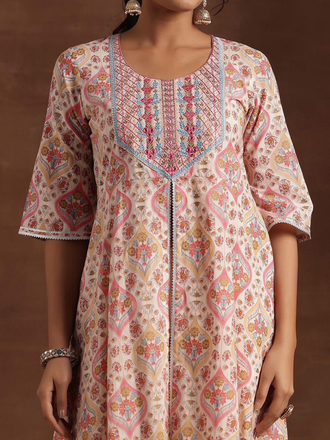 Libas Printed Panelled Gotta Patti Pure Cotton Anarkali Kurta with Palazzos & Dupatta