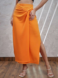Athena Orange-Coloured Knotting Straight Midi Skirt