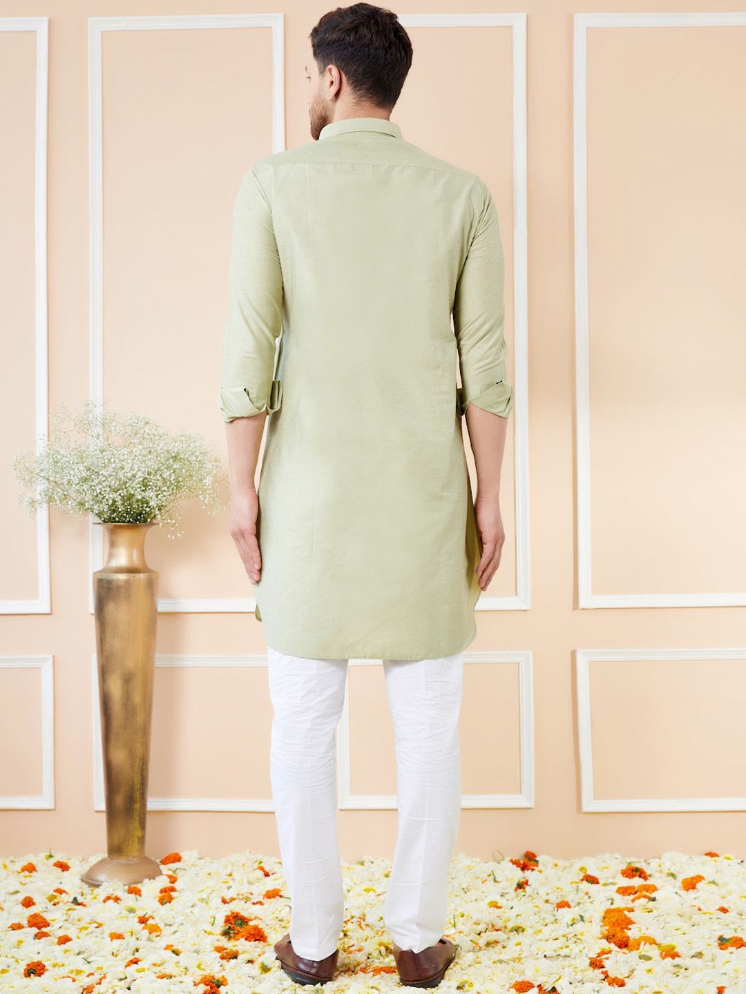 See Designs Shirt Collar Long Sleeves Pure Cotton Pathani Kurta With Pyjamas