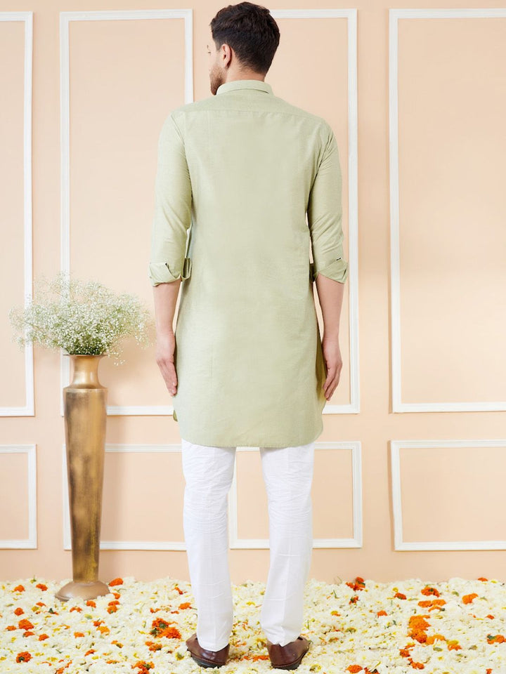 See Designs Shirt Collar Long Sleeves Pure Cotton Pathani Kurta With Pyjamas