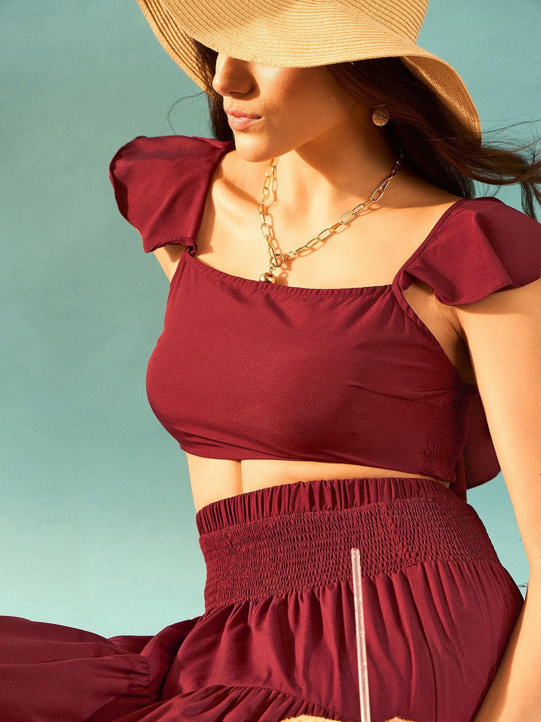 Berrylush Maroon Square Neck Top With Skirt