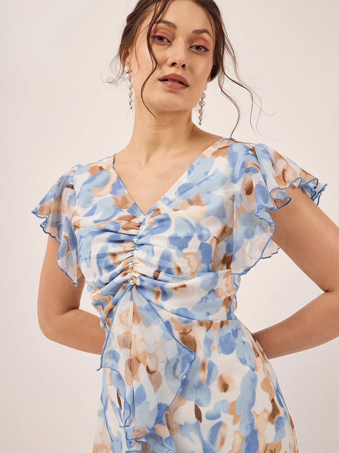 Antheaa Blue Floral Printed Puff Sleeves Gathered Ruffles Chiffon Fit & Flare Midi Dress
