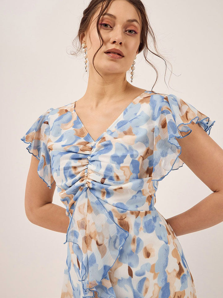 Antheaa Blue Floral Printed Puff Sleeves Gathered Ruffles Chiffon Fit & Flare Midi Dress