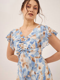 Antheaa Blue Floral Printed Puff Sleeves Gathered Ruffles Chiffon Fit & Flare Midi Dress