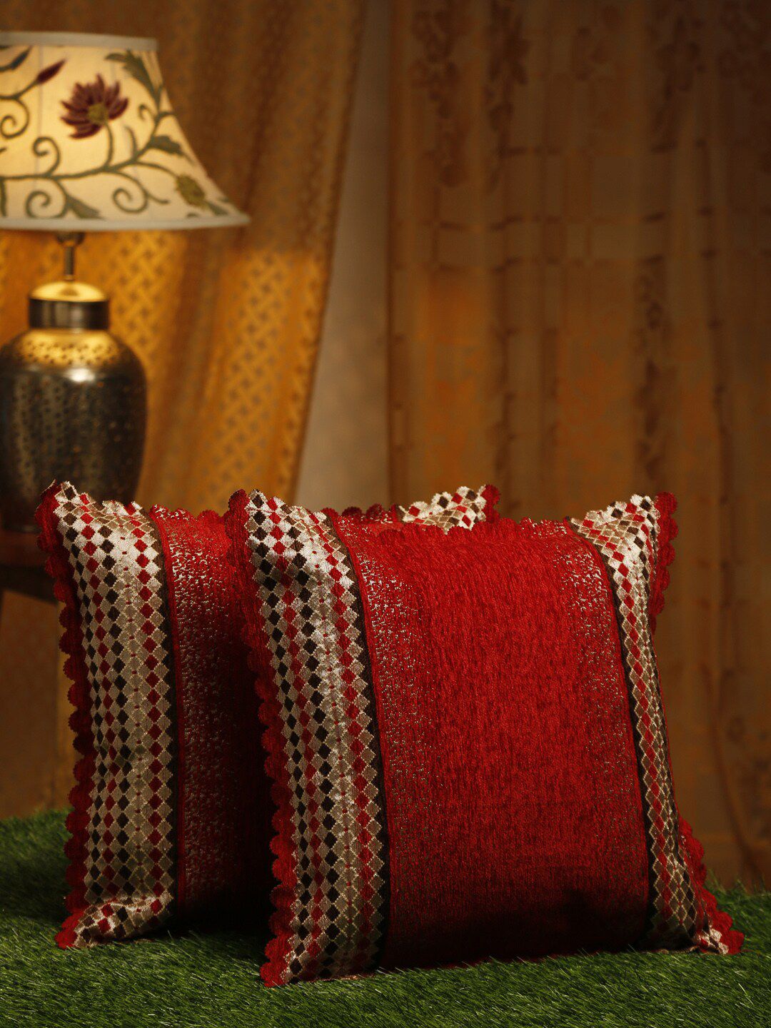 HOSTA HOMES Red & Gold-Toned Set of 2 Velvet Square Cushion Covers