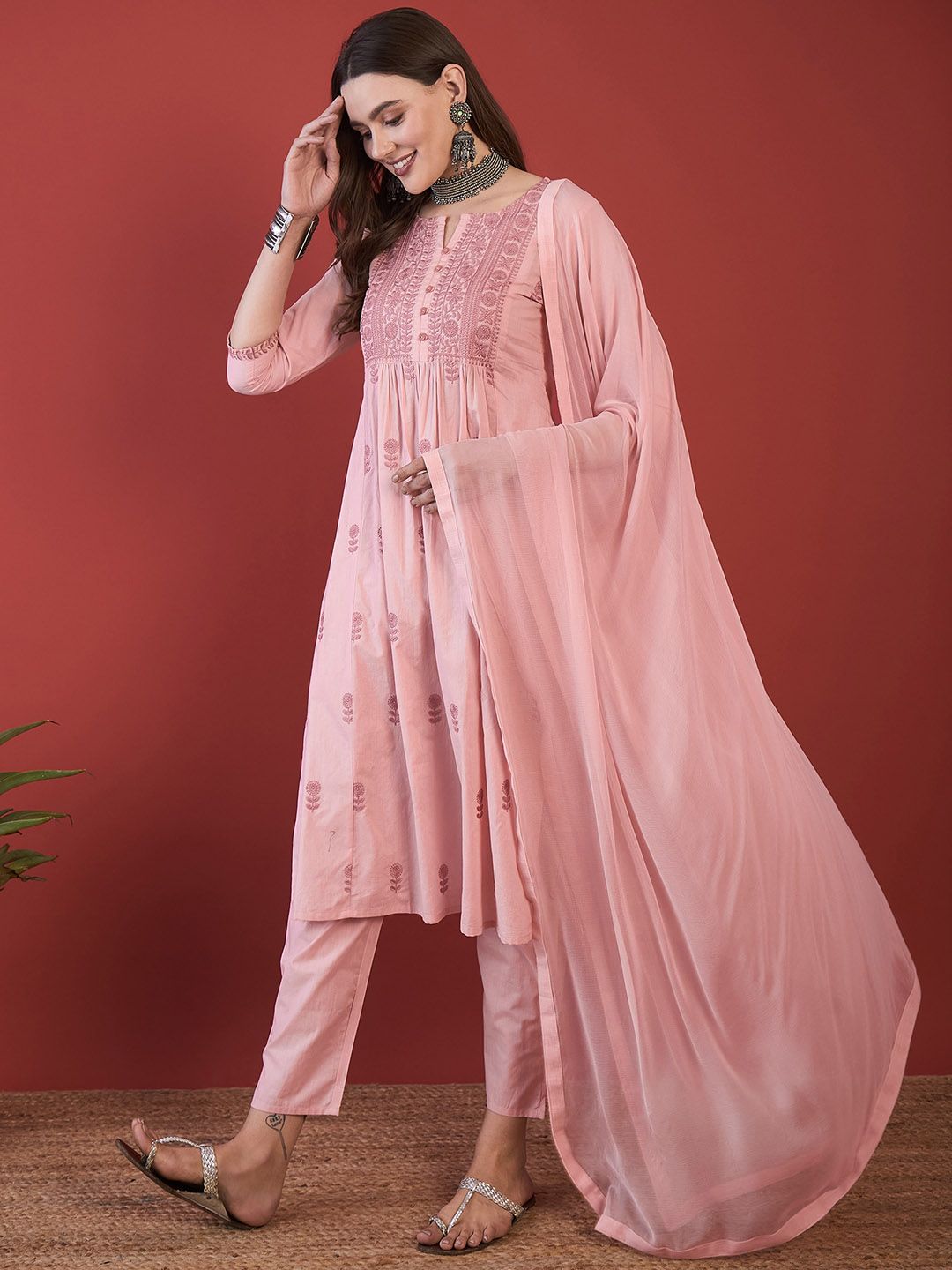 Anouk Floral Embroidered Thread Work Pure Cotton Kurta with Trousers & Dupatta