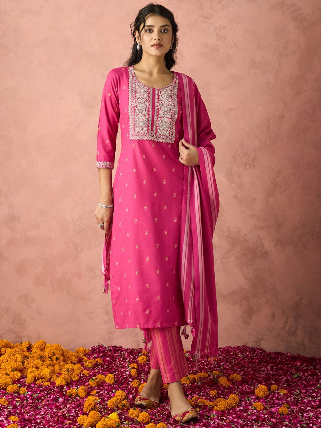 KALINI Ethnic Motifs Embroidered Straight Kurta With Trousers And Dupatta